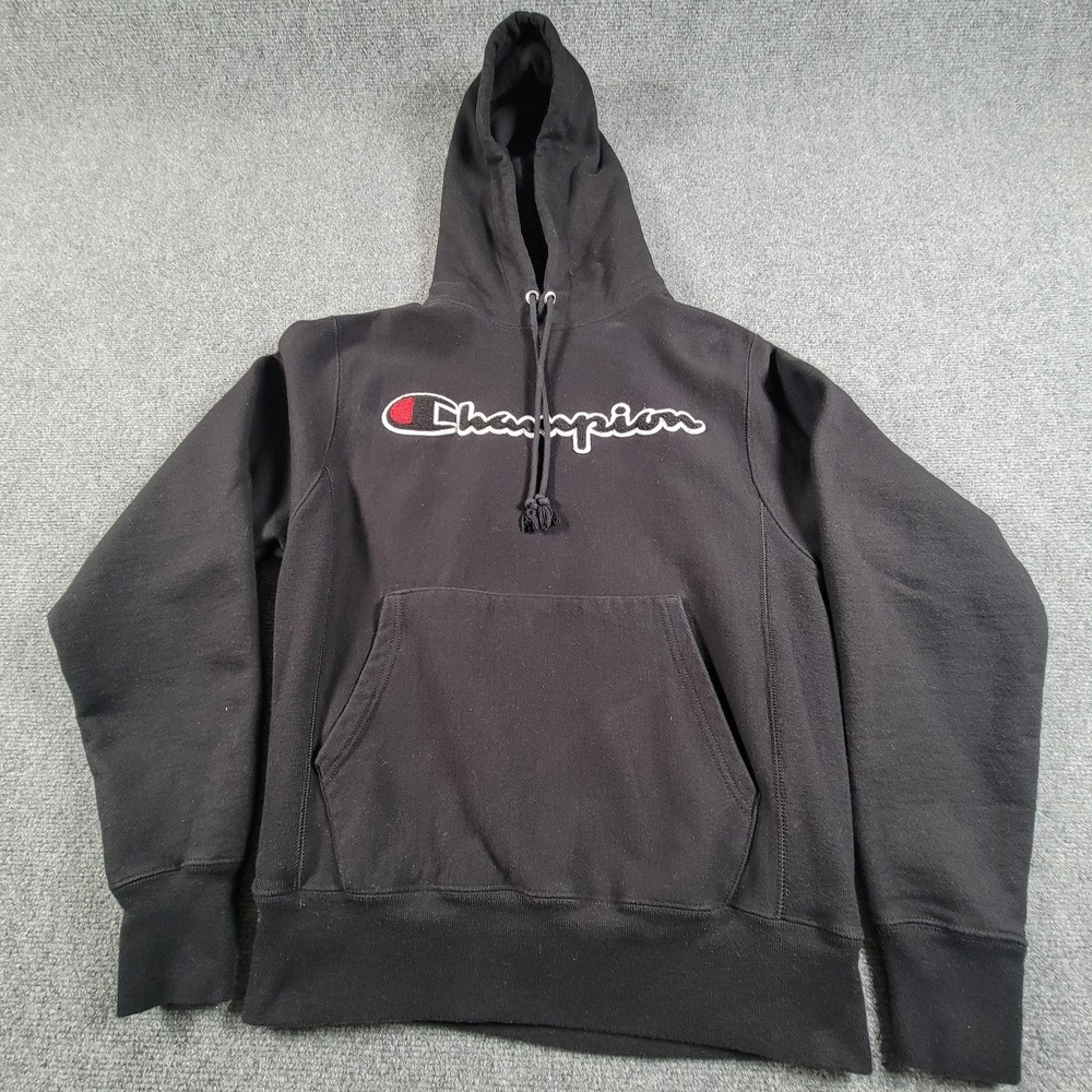 Champion Hoodie Mens Small Black Reverse Weave Script Logo Pullover‎ Sweatshirt
